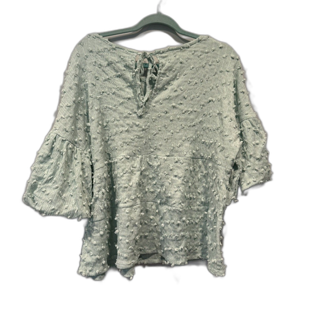 New In Top Textured Swiss Dot Peplum Blouse Bell Sleeve Mint Green Women Large - Picture 2 of 10